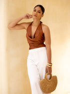 Front Cowl Neck Tie Up Back Smocked Top