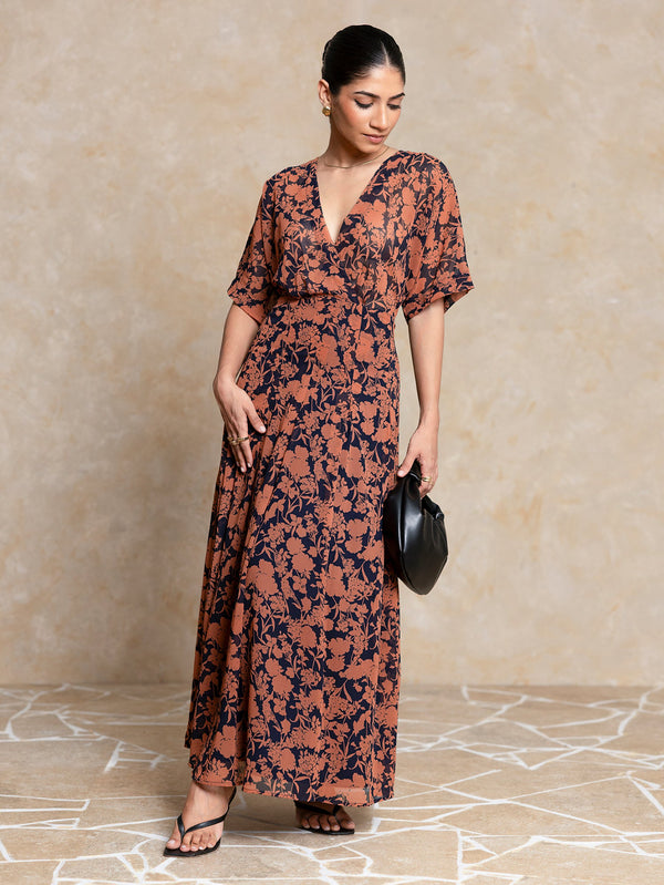 Front Overlapped Printed Maxi Dress