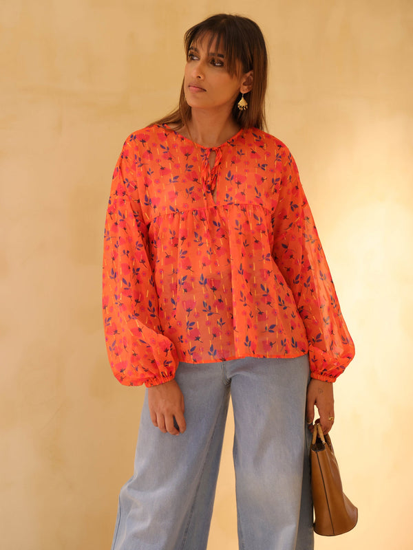 Printed Front Tie Up Long Sleeve Top