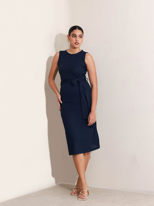 High Neck Front Tie Up Midi Dress