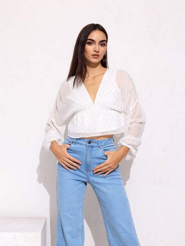 V-Neck Front Tieup Balloon Sleeve Top