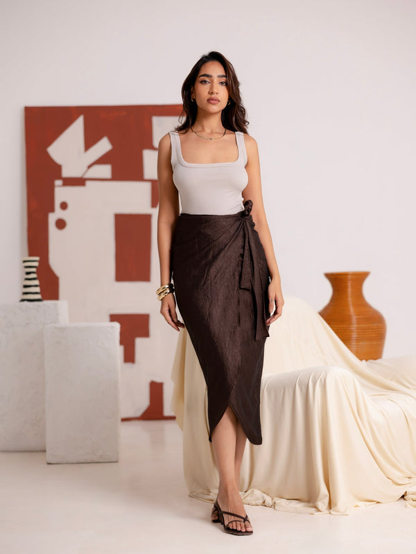 Front Wrap Tie Up Midi Skirt