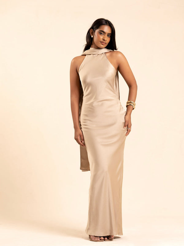 Shawl Detailed Halter Neck Maxi Dress