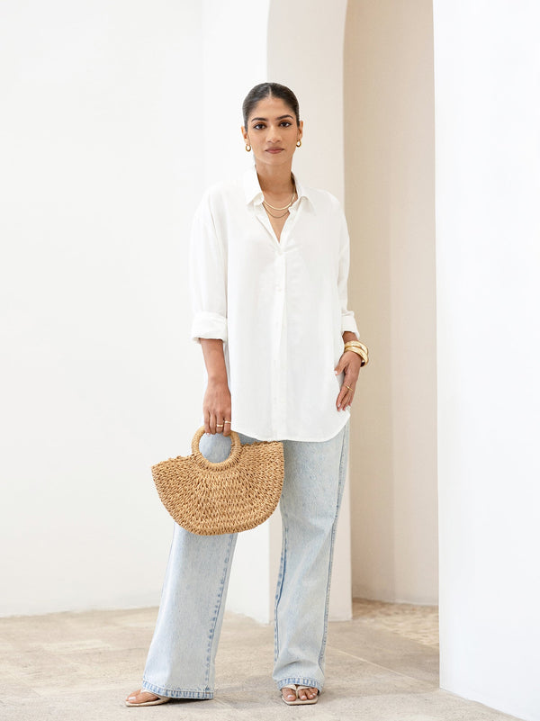 Button Down Collar Detailed Long Sleeved Oversized Top