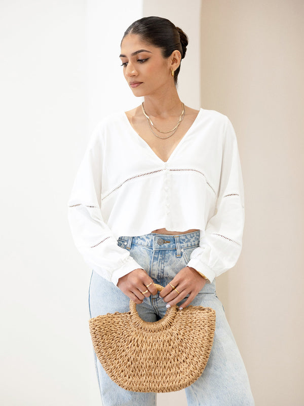 V Neck Ladder Lace Detailed Balloon Sleeved Top