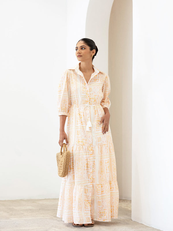 Button Down Front Tassel Detailed Printed Maxi Dress