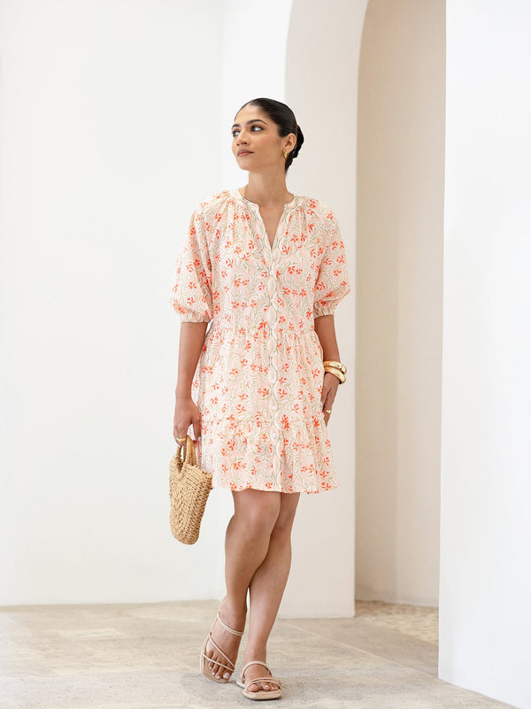 Button Down Contrast Detailed Printed Mini Dress