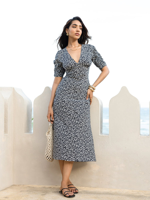 Bustier Detailed Printed Midi Dress